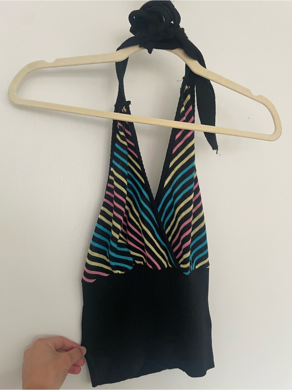 Vintage Y2K Halter One-Piece Bodysuit in Black with Pink, Blue & Yellow Stripes